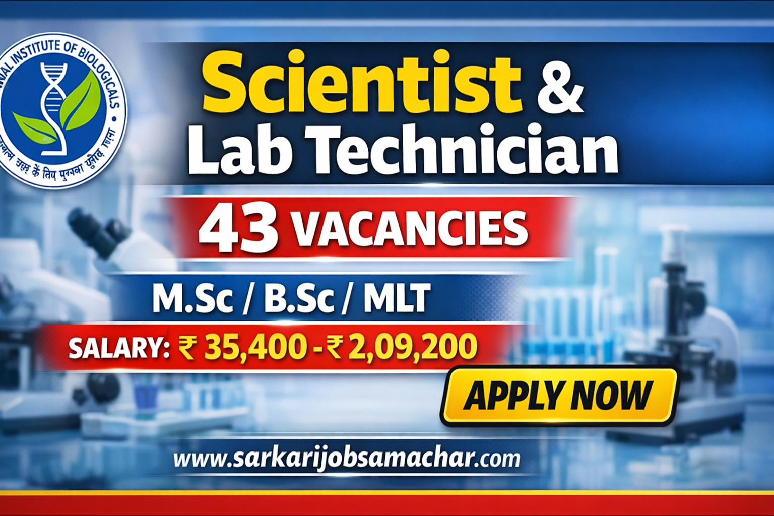 National Institute of Biologicals (NIB) Scientist, Laboratory Technician & Assistant Recruitment 2026 – Apply Online for 43 Posts